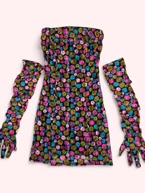 Miscreants floral strapless mini dress with matching gloves